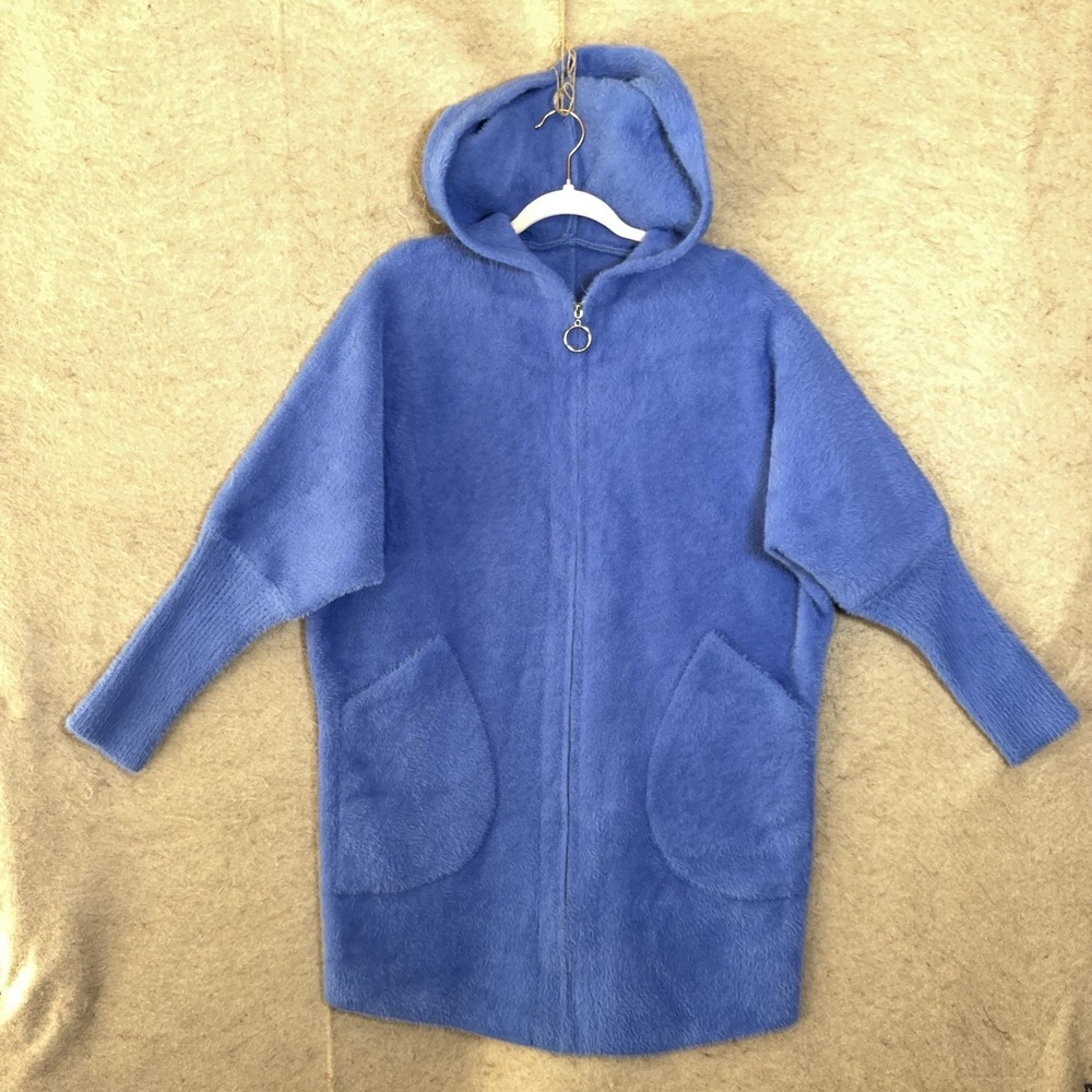 Angora Wool Blend Cardigan Sweater Womens 1X Blue Hooded Fuzzy Full Zip Pockets